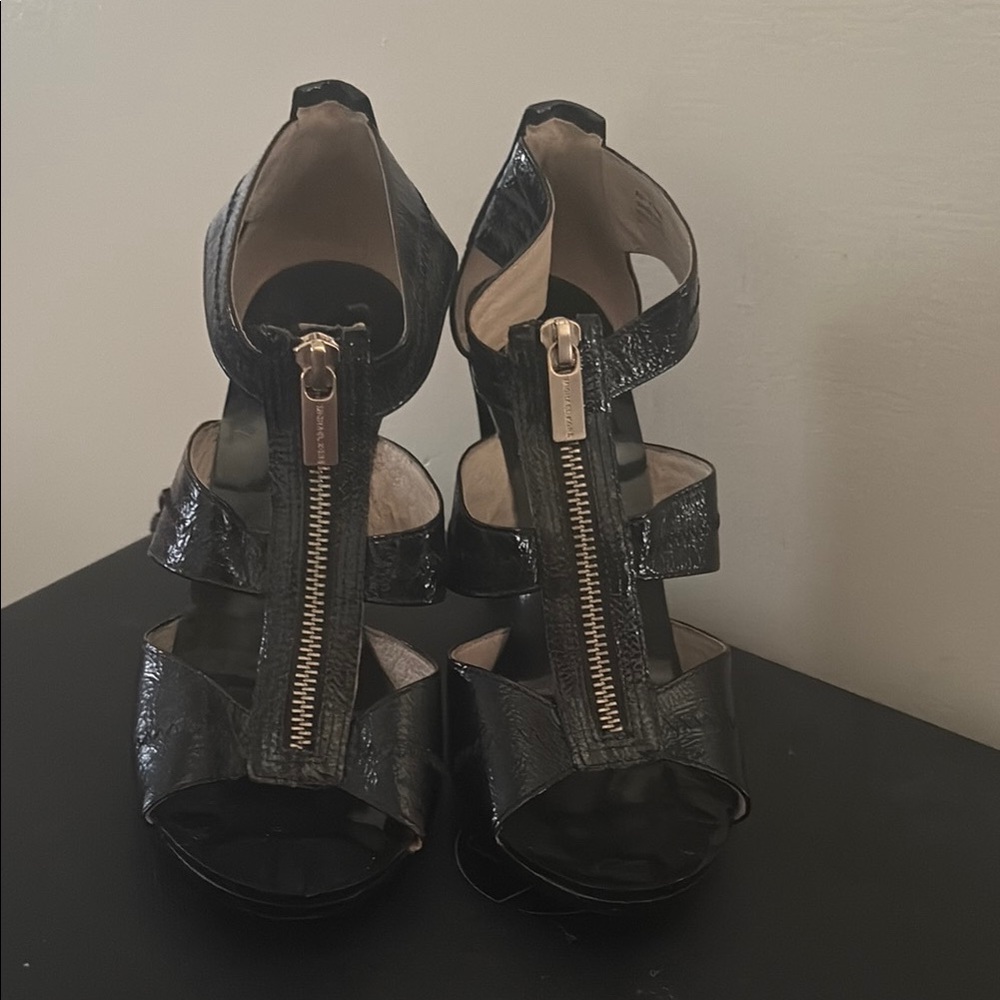 MICHAEL Michael Kors Black Heels with T-Strap Zipper Design